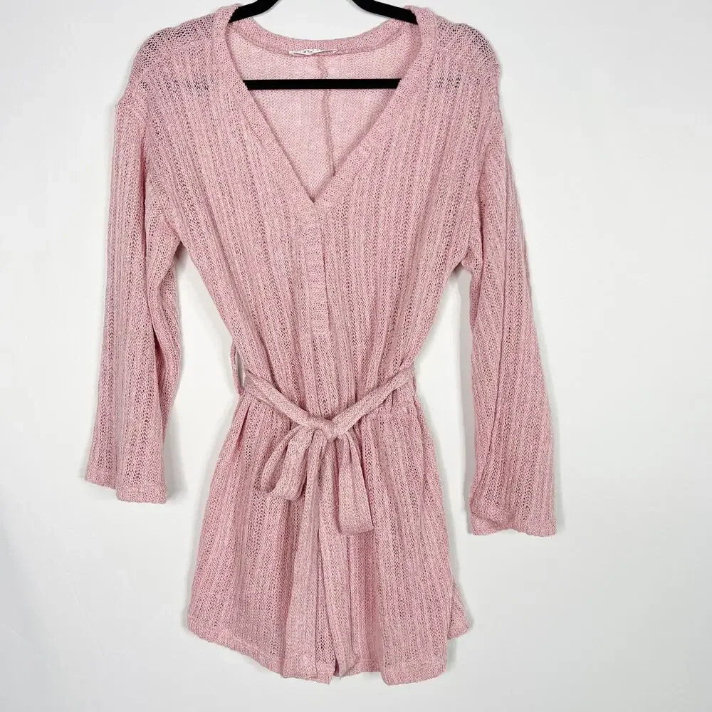 Blue Blush Pink Small S Open Knit Tie Waist Bell Sleeve Romper Cover Up Ribbed